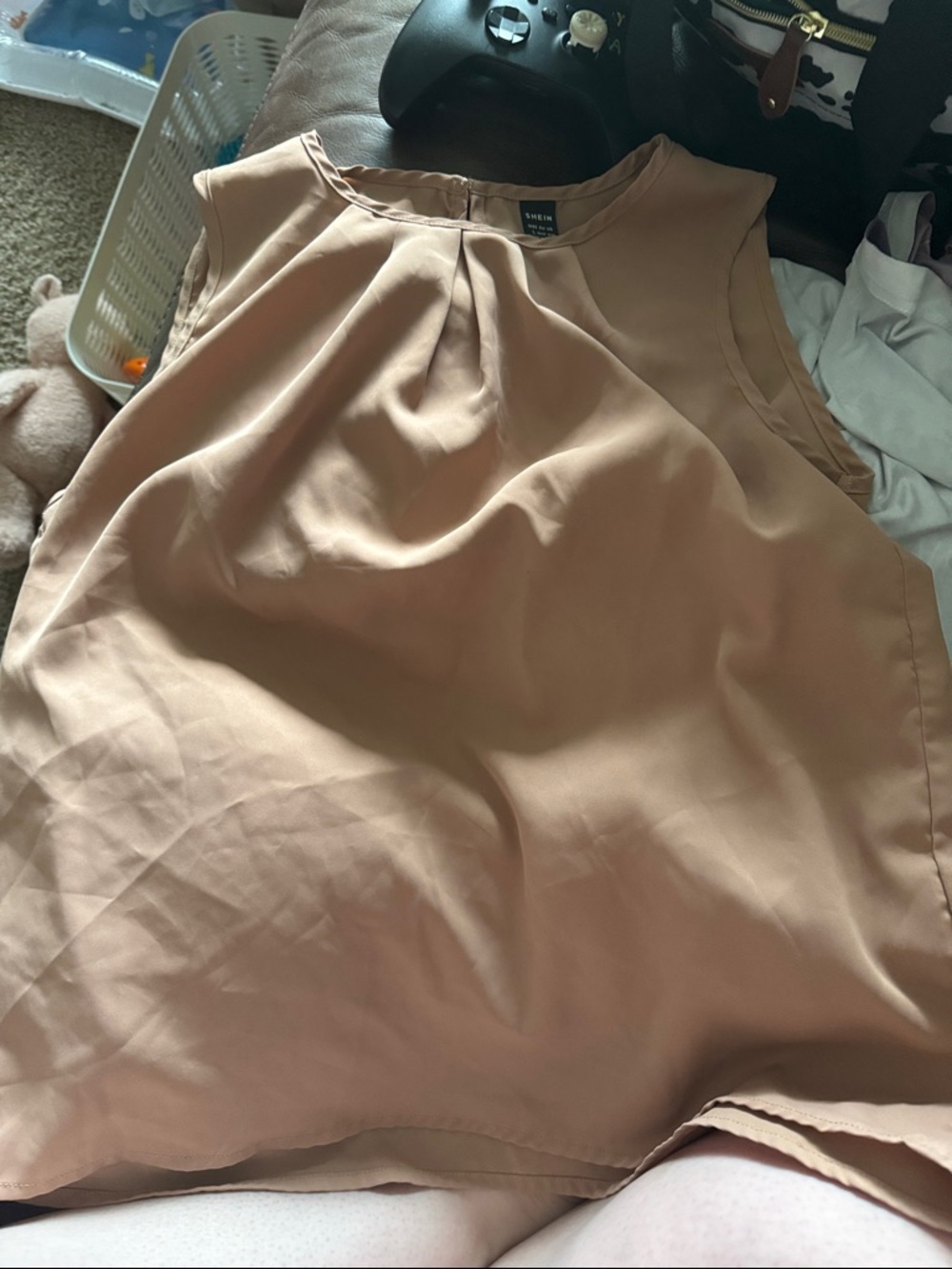 SHEIN Tan Sleeveless Pleated Neck Blouse